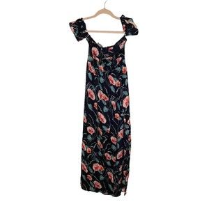 Parisian Dress Womens 6 Maxi Off Shoulder Navy Blue Floral Print Slit flounce